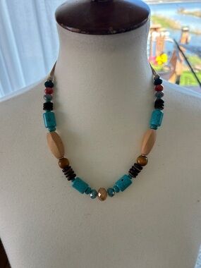 Turquoise & Natural Wood Bead Necklace – Women Jewelry
